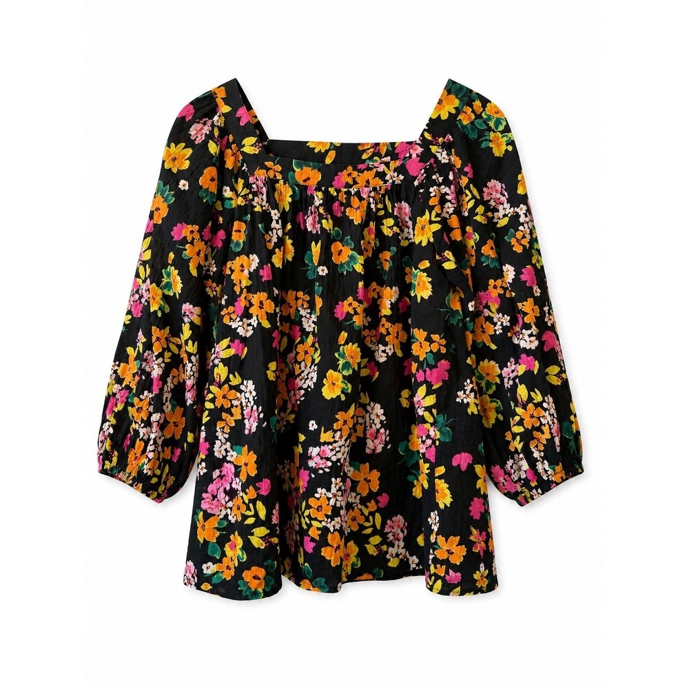 Chaps Womens Black Floral Square Neck 3/4 Puff Sleeve Blouse Size Large